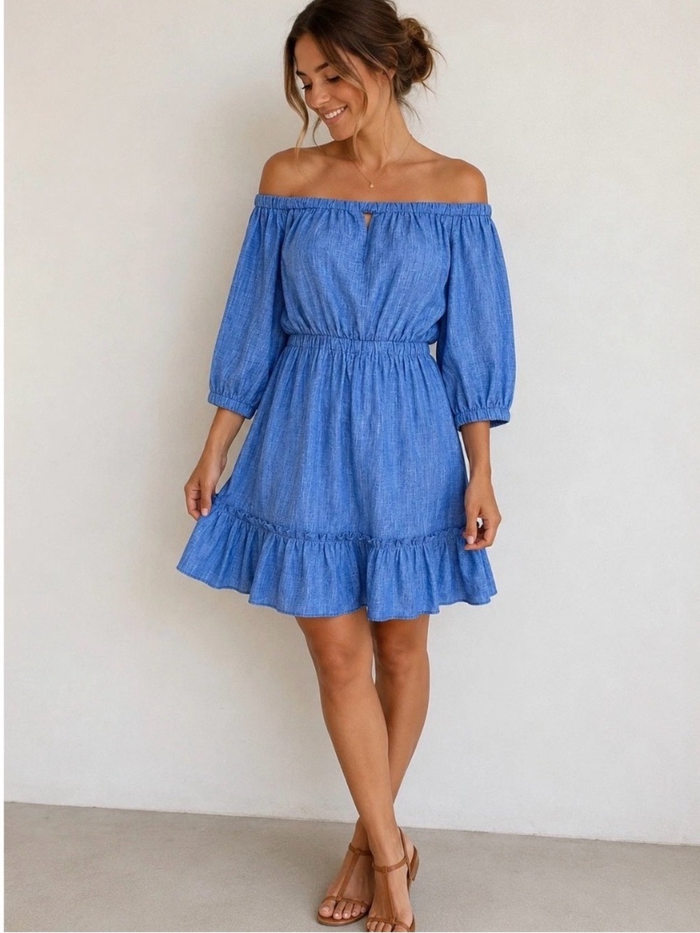 Milly Amanda Blue Off the Shoulder 100% Linen Dress